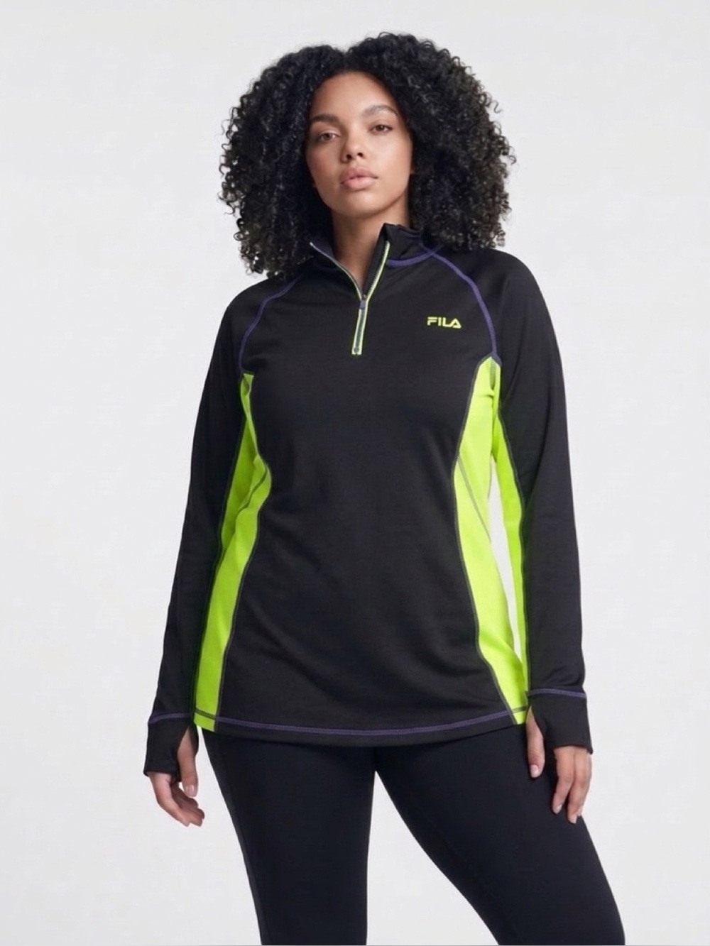 FILA Black and Neon Yellow Half-Zip Athletic Pullover | Size XL